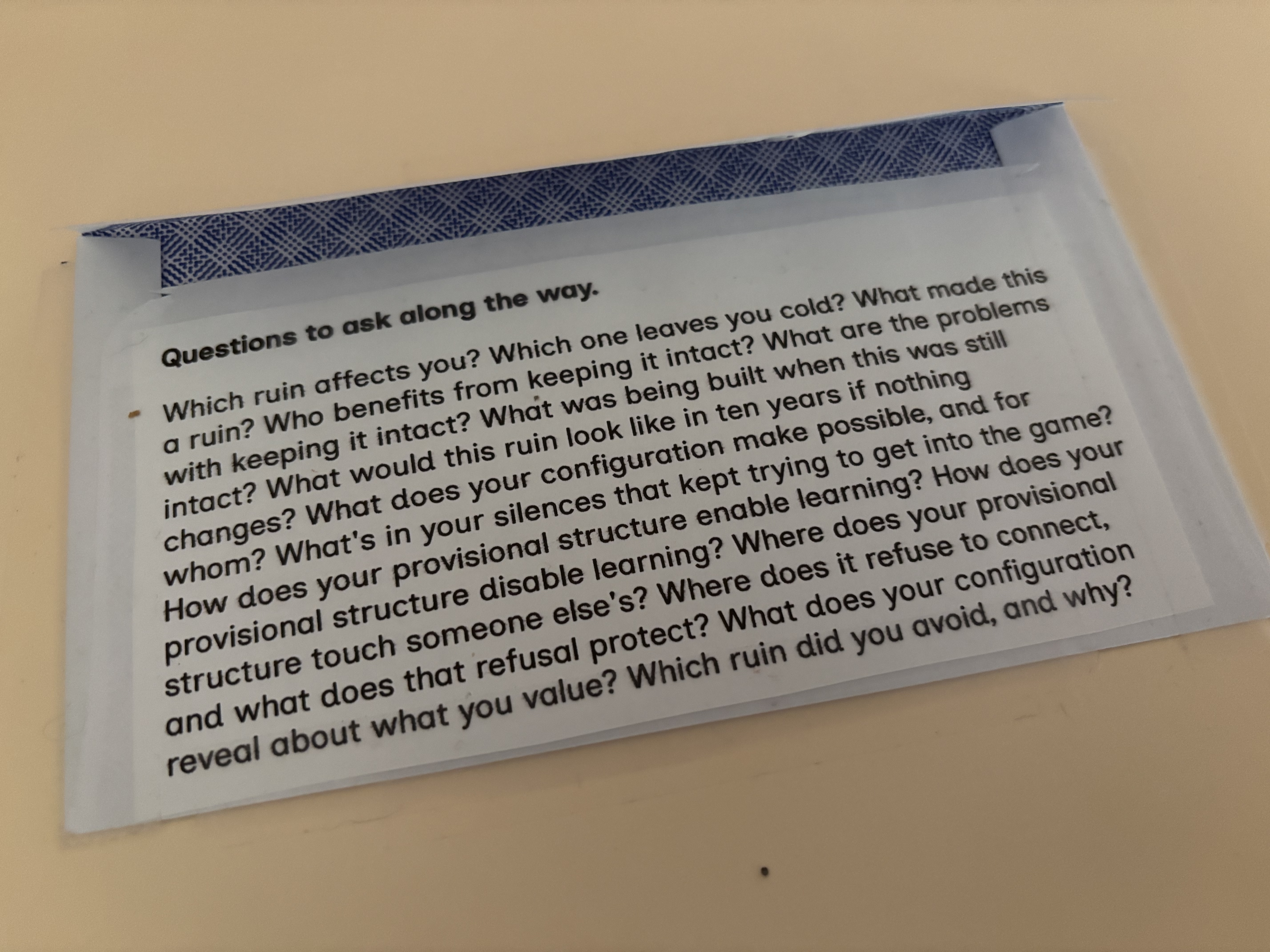 Questions card